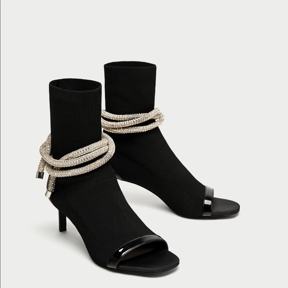 SOLD! Zara Black Open Toe Ankle Boots Jewel Cord - Picture 2 of 8